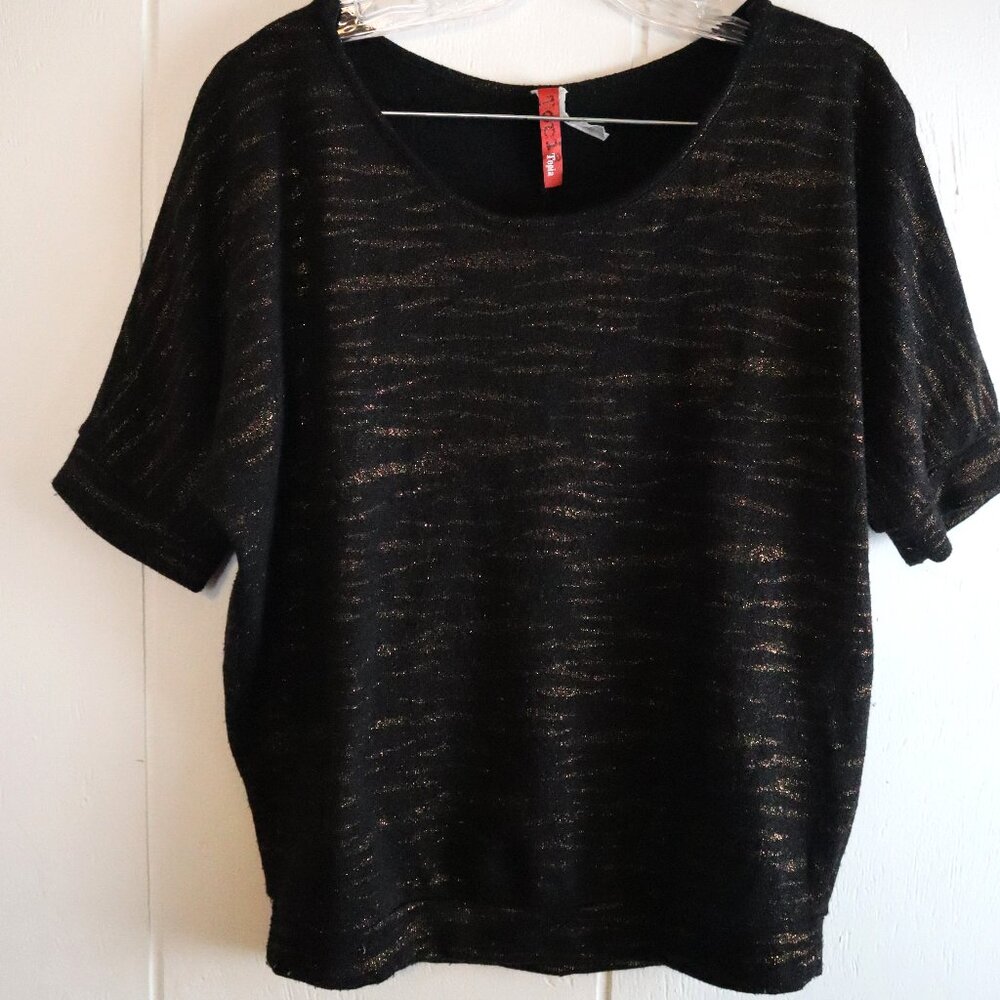 Y2K Topia Black Gold Sparkle Short Sleeve Acrylic Sweater Womens M Fairy Goth